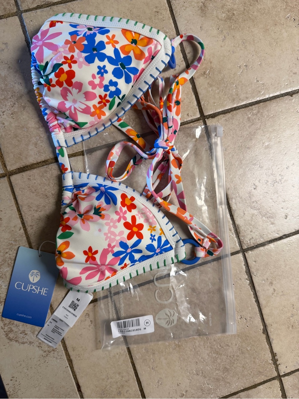 Cupshe White Floral Triangle Bikini Top with Multicolor Blossoms